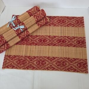 Handwowen Organic Table Placemats Set Of 6 Red Natural Beige 15x12"